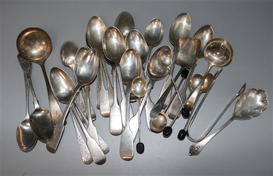 A group of small silver spoons and tongs, gross 16.5 oz.